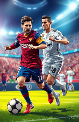 A dynamic sports illustration featuring two legendary football players, one resembling Lionel Messi in a Barcelona jersey and the other resembling Cristiano Ronaldo in a Real Madrid jersey