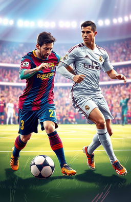 A dynamic sports illustration featuring two legendary football players, one resembling Lionel Messi in a Barcelona jersey and the other resembling Cristiano Ronaldo in a Real Madrid jersey