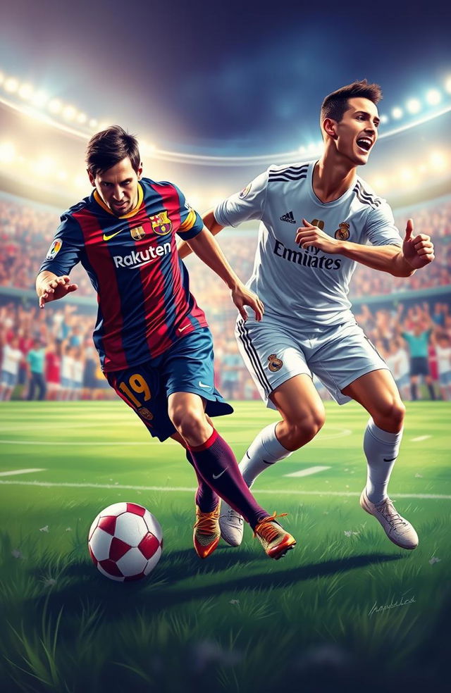 A dynamic sports illustration featuring two legendary football players, one resembling Lionel Messi in a Barcelona jersey and the other resembling Cristiano Ronaldo in a Real Madrid jersey