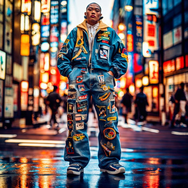 90s Japanese streetwear featuring high-waisted, baggy denim pants with pop culture patches, paired with a white crop top and chunky sneakers against a backdrop of a bustling Tokyo street at dusk, captured as if through a 200mm lens