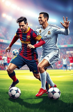A dynamic sports illustration featuring two legendary football players, one resembling Lionel Messi in a Barcelona jersey and the other resembling Cristiano Ronaldo in a Real Madrid jersey