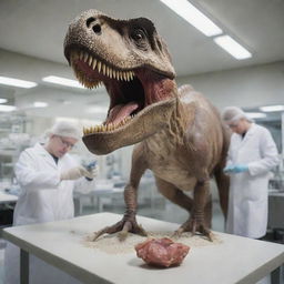 Imagine a futuristic scene inside a high-tech laboratory where scientists extract a fragment of DNA from a Tyrannosaurus Rex fossil sample for examination and research