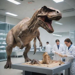 Imagine a futuristic scene inside a high-tech laboratory where scientists extract a fragment of DNA from a Tyrannosaurus Rex fossil sample for examination and research