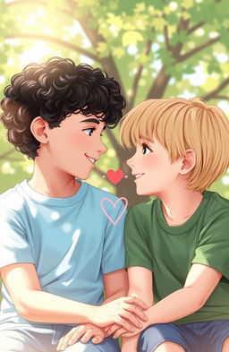 Two young boys gazing at each other with affectionate expressions, their eyes sparkling with connection and warmth