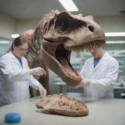 Imagine a futuristic scene inside a high-tech laboratory where scientists extract a fragment of DNA from a Tyrannosaurus Rex fossil sample for examination and research