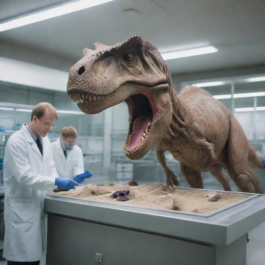 Imagine a futuristic scene inside a high-tech laboratory where scientists extract a fragment of DNA from a Tyrannosaurus Rex fossil sample for examination and research