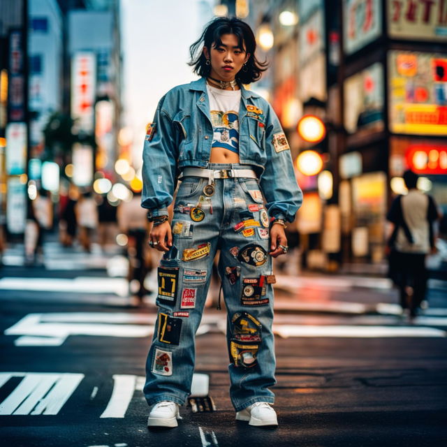 A 200mm lens-style photograph of a person in 90s Japanese streetwear featuring high-waisted, baggy denim pants with pop culture patches, paired with a white crop top and chunky sneakers on a bustling Tokyo street at dusk