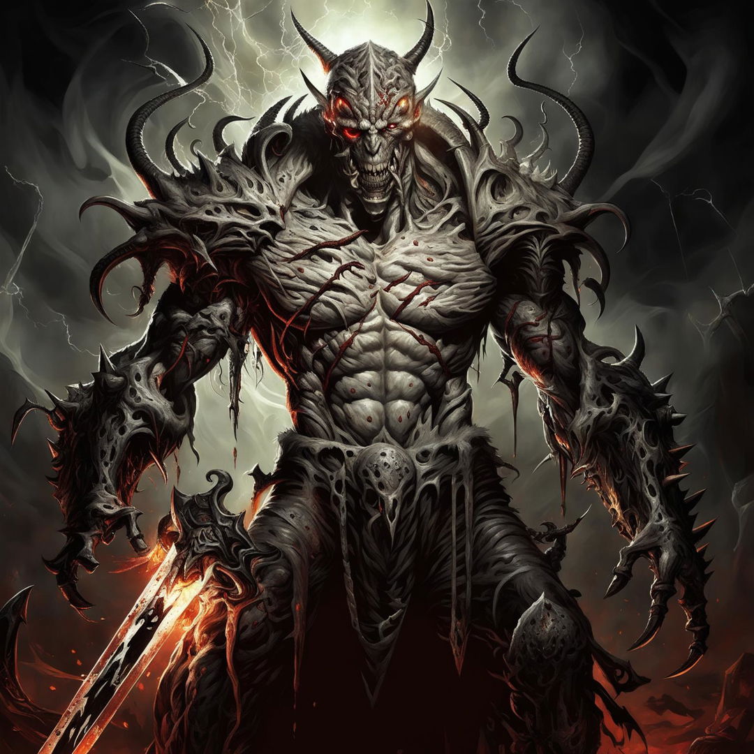 Digital art of Lucifer, the final boss in Painkiller, depicted as a monstrous figure with a serpentine tail, glowing red eyes, sharp claws, and a massive sword wreathed in hellfire