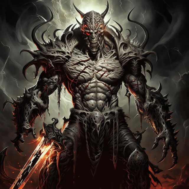 Digital art of Lucifer, the final boss in Painkiller, depicted as a monstrous figure with a serpentine tail, glowing red eyes, sharp claws, and a massive sword wreathed in hellfire