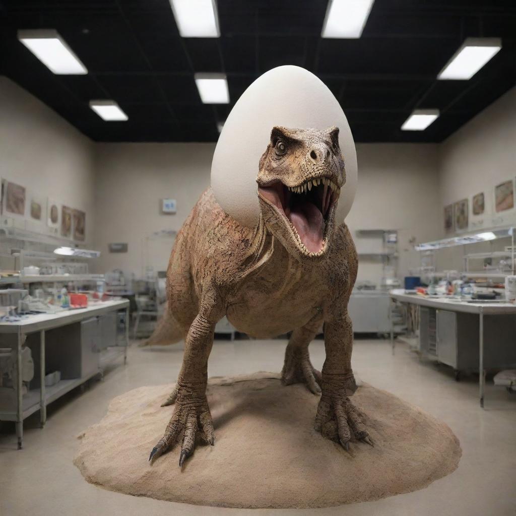 Visualize a remarkable scene inside a research lab where scientists have successfully revived a dinosaur from an egg, their elation palpable as they witness this extraordinary rebirth