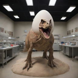 Visualize a remarkable scene inside a research lab where scientists have successfully revived a dinosaur from an egg, their elation palpable as they witness this extraordinary rebirth