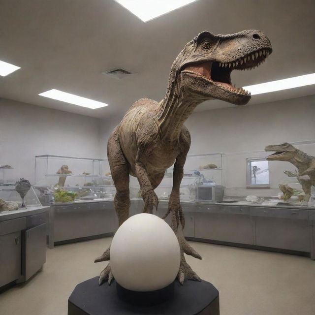 Visualize a remarkable scene inside a research lab where scientists have successfully revived a dinosaur from an egg, their elation palpable as they witness this extraordinary rebirth