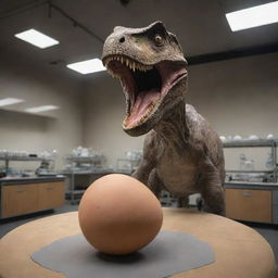 Visualize a remarkable scene inside a research lab where scientists have successfully revived a dinosaur from an egg, their elation palpable as they witness this extraordinary rebirth