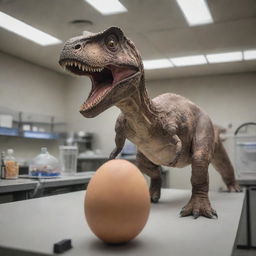 Visualize a remarkable scene inside a research lab where scientists have successfully revived a dinosaur from an egg, their elation palpable as they witness this extraordinary rebirth