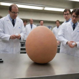 Produce an image of a scientific breakthrough where the first dinosaur is recreated in a lab, with the excited scientists watching an egg about to hatch, with no dinosaur visible yet