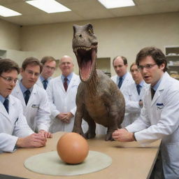 Produce an image of a scientific breakthrough where the first dinosaur is recreated in a lab, with the excited scientists watching an egg about to hatch, with no dinosaur visible yet