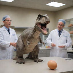 Produce an image of a scientific breakthrough where the first dinosaur is recreated in a lab, with the excited scientists watching an egg about to hatch, with no dinosaur visible yet