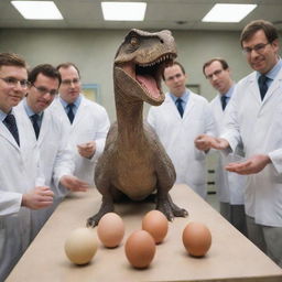 Produce an image of a scientific breakthrough where the first dinosaur is recreated in a lab, with the excited scientists watching an egg about to hatch, with no dinosaur visible yet