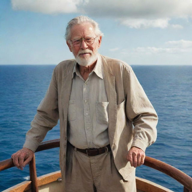 Depict an adventurous, old man named John Hammond setting sail in search of an undiscovered island, against the backdrop of a vast, open sea and a distant laboratory