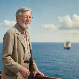 Depict an adventurous, old man named John Hammond setting sail in search of an undiscovered island, against the backdrop of a vast, open sea and a distant laboratory