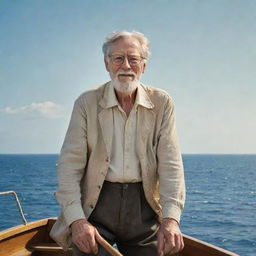 Depict an adventurous, old man named John Hammond setting sail in search of an undiscovered island, against the backdrop of a vast, open sea and a distant laboratory