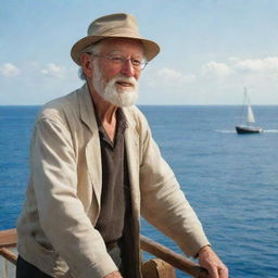 Depict an adventurous, old man named John Hammond setting sail in search of an undiscovered island, against the backdrop of a vast, open sea and a distant laboratory