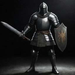 A formidable knight forged in imposing gray plate armor, wielding a menacing sword and a robust shield, in the dark and atmospheric style reminiscent of Dark Souls