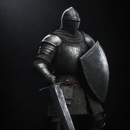 A formidable knight forged in imposing gray plate armor, wielding a menacing sword and a robust shield, in the dark and atmospheric style reminiscent of Dark Souls