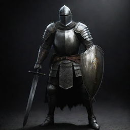 A formidable knight forged in imposing gray plate armor, wielding a menacing sword and a robust shield, in the dark and atmospheric style reminiscent of Dark Souls