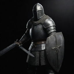 A formidable knight forged in imposing gray plate armor, wielding a menacing sword and a robust shield, in the dark and atmospheric style reminiscent of Dark Souls