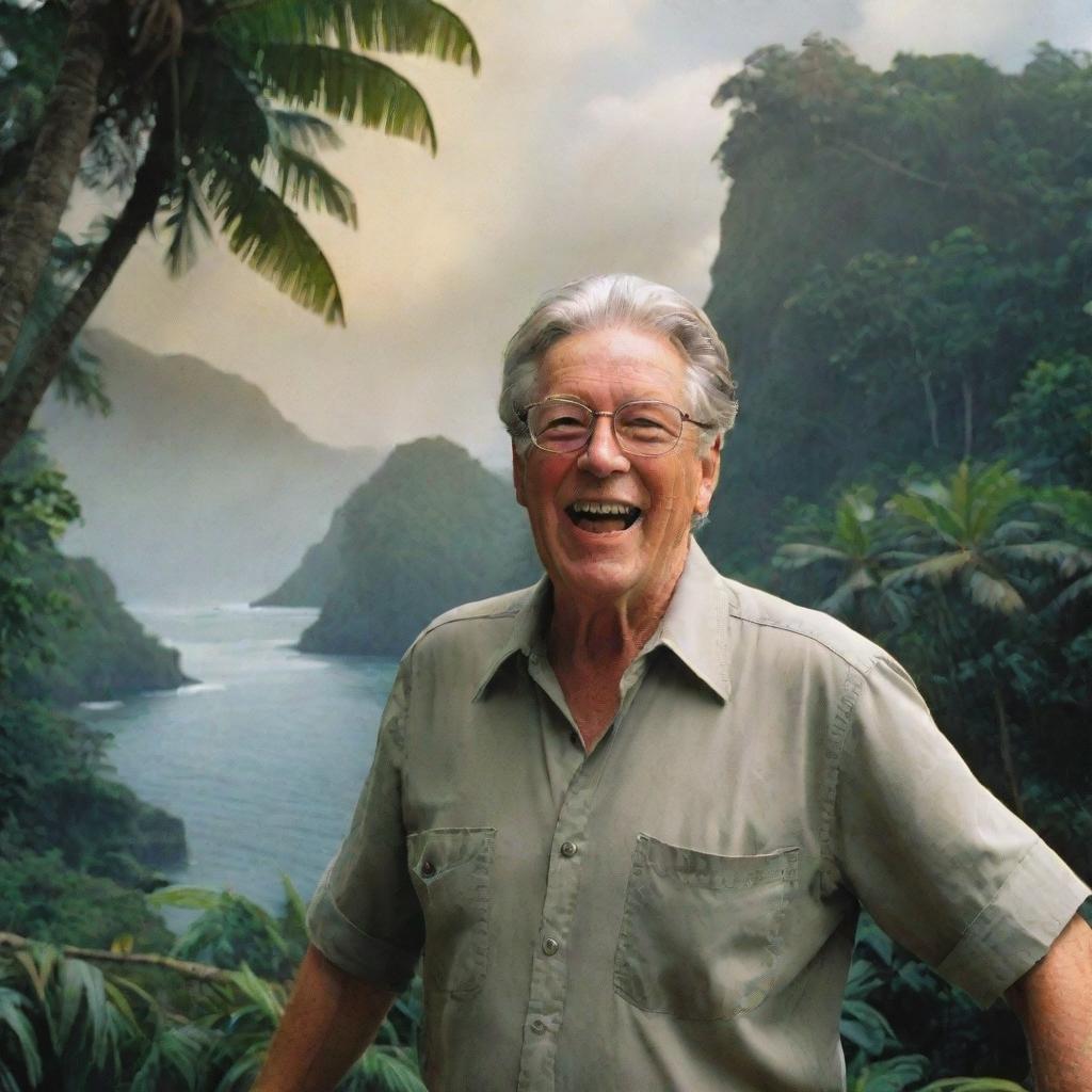 Depict an enthusiastic John Hammond upon successfully discovering Isla Nublar, a tropical island lush with verdant foliage, set against a sunlit sky