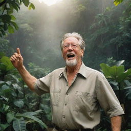 Depict an enthusiastic John Hammond upon successfully discovering Isla Nublar, a tropical island lush with verdant foliage, set against a sunlit sky