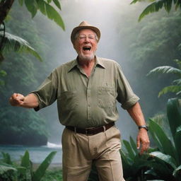 Depict an enthusiastic John Hammond upon successfully discovering Isla Nublar, a tropical island lush with verdant foliage, set against a sunlit sky