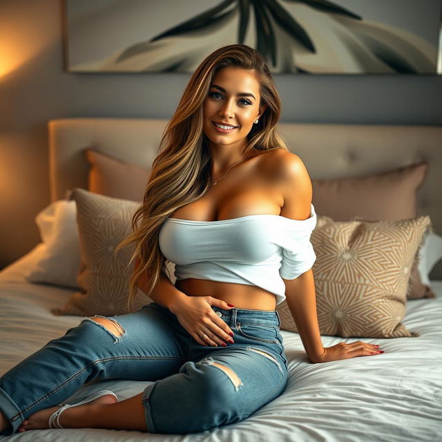 A hot girl with big boobs and a big ass is seated on a bed, wearing casual clothes that accentuate her curves