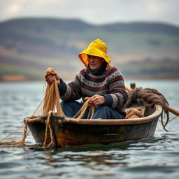 A fisherman in a small, rustic wooden boat, skillfully dragging fishing nets with his hands