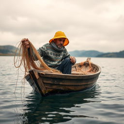 A fisherman in a small, rustic wooden boat, skillfully dragging fishing nets with his hands