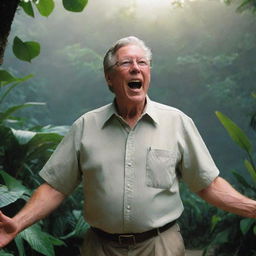 Depict an enthusiastic John Hammond upon successfully discovering Isla Nublar, a tropical island lush with verdant foliage, set against a sunlit sky