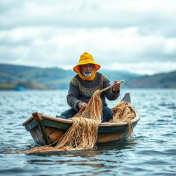 A fisherman in a small, rustic wooden boat, skillfully dragging fishing nets with his hands