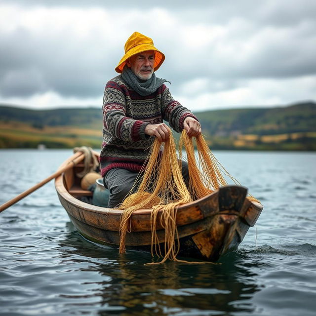 A fisherman in a small, rustic wooden boat, skillfully dragging fishing nets with his hands