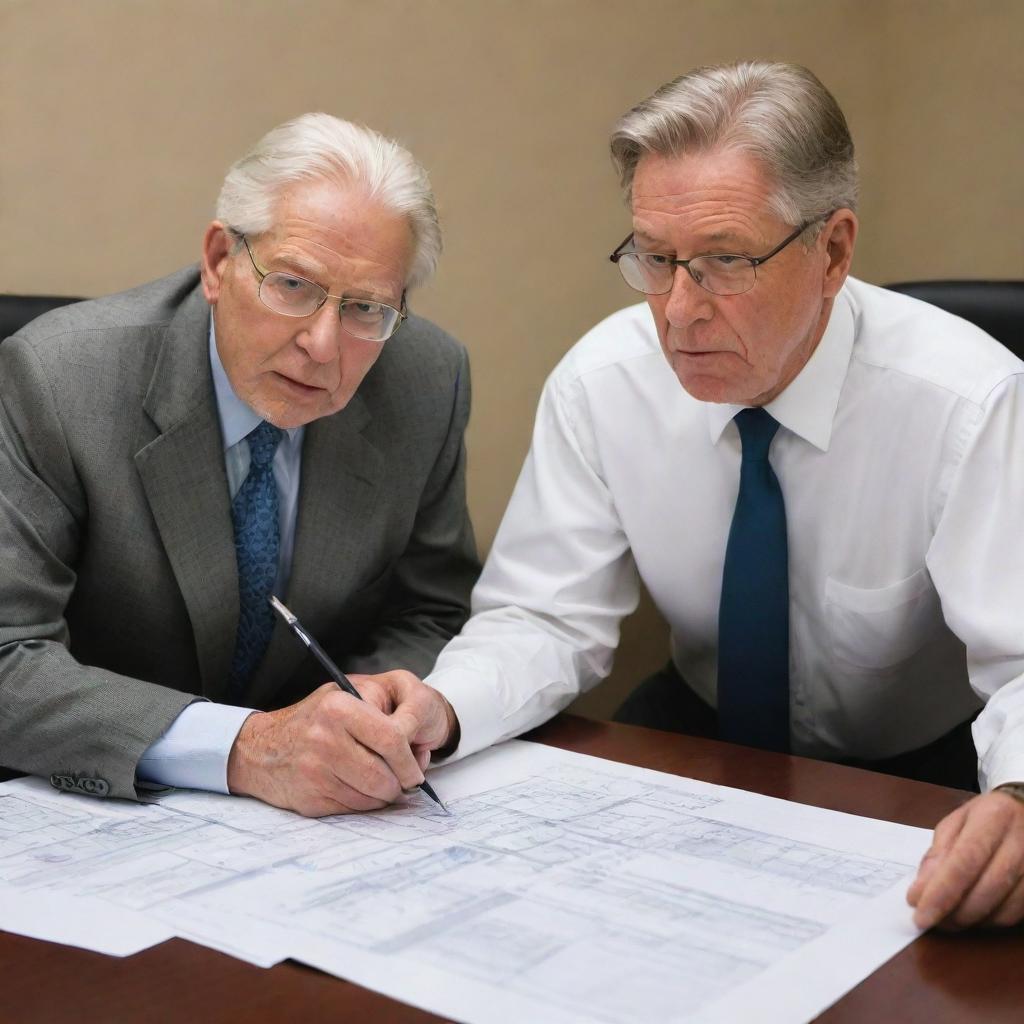 Illustrate a determined John Hammond in a business meeting with a talented architect, ready to discuss the blueprint for a groundbreaking project