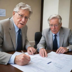 Illustrate a determined John Hammond in a business meeting with a talented architect, ready to discuss the blueprint for a groundbreaking project