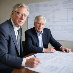 Illustrate a determined John Hammond in a business meeting with a talented architect, ready to discuss the blueprint for a groundbreaking project