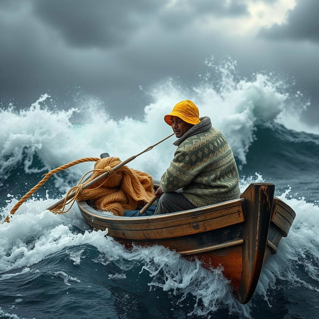 A fisherman in a small, weathered wooden boat battling through a fierce storm, surrounded by towering waves that crash dramatically around him