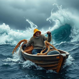 A fisherman in a small, weathered wooden boat battling through a fierce storm, surrounded by towering waves that crash dramatically around him