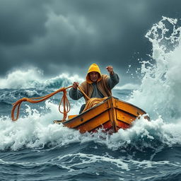 A fisherman in a small, weathered wooden boat battling through a fierce storm, surrounded by towering waves that crash dramatically around him