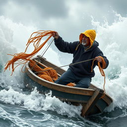 A fisherman in a small, weathered wooden boat battling through a fierce storm, surrounded by towering waves that crash dramatically around him