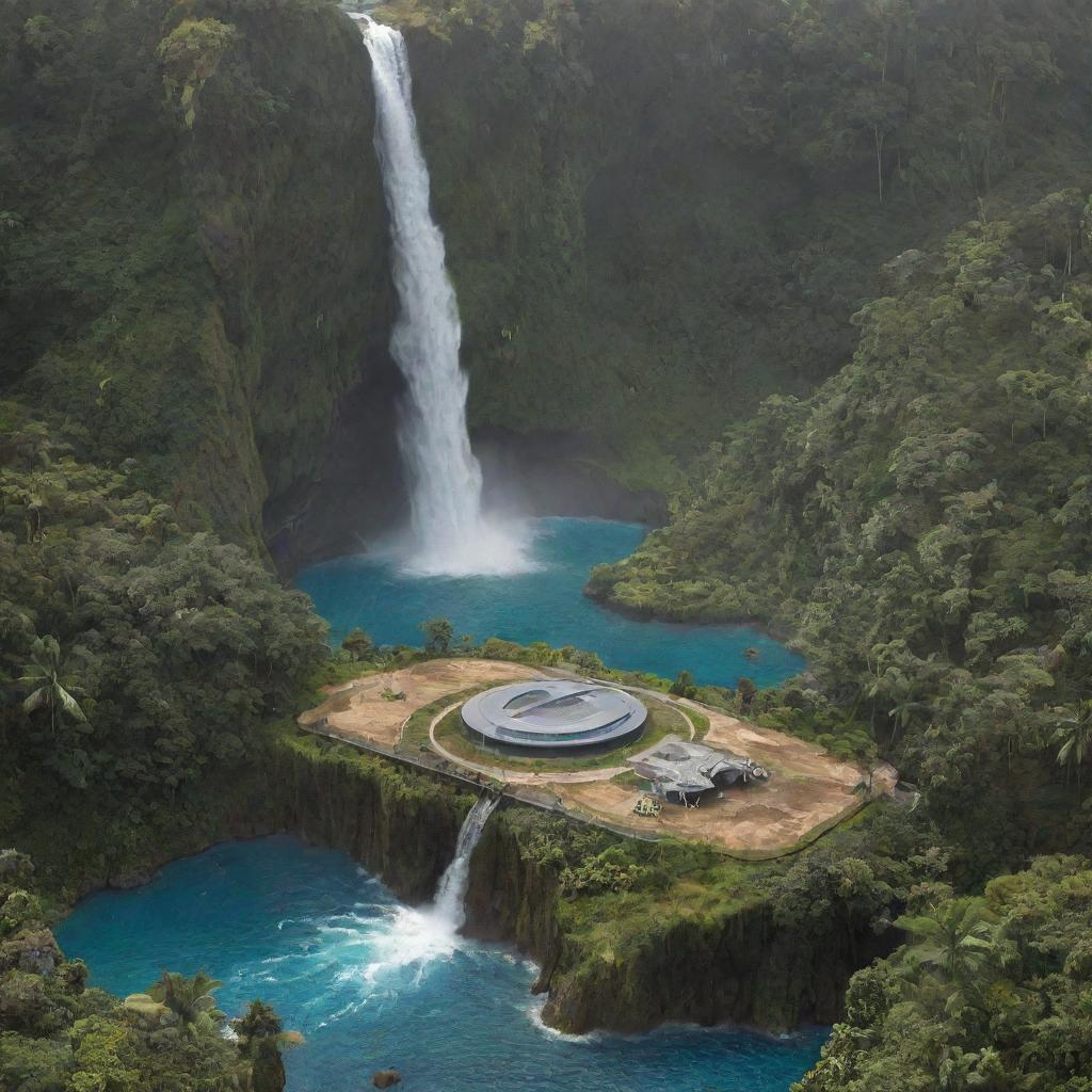 Render a grand helicopter landing pad being constructed by architects near a waterfall on Isla Nublar, celebrating the mixture of technology and natural beauty