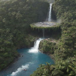 Render a grand helicopter landing pad being constructed by architects near a waterfall on Isla Nublar, celebrating the mixture of technology and natural beauty