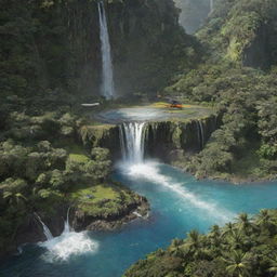 Render a grand helicopter landing pad being constructed by architects near a waterfall on Isla Nublar, celebrating the mixture of technology and natural beauty