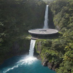 Render a grand helicopter landing pad being constructed by architects near a waterfall on Isla Nublar, celebrating the mixture of technology and natural beauty